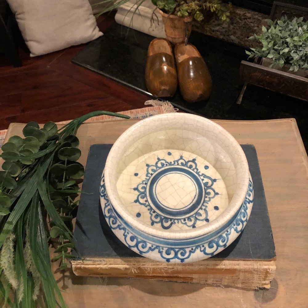 Benlloch Spain Spanish Bowl Crackle Glaze Blue White 13” Tall